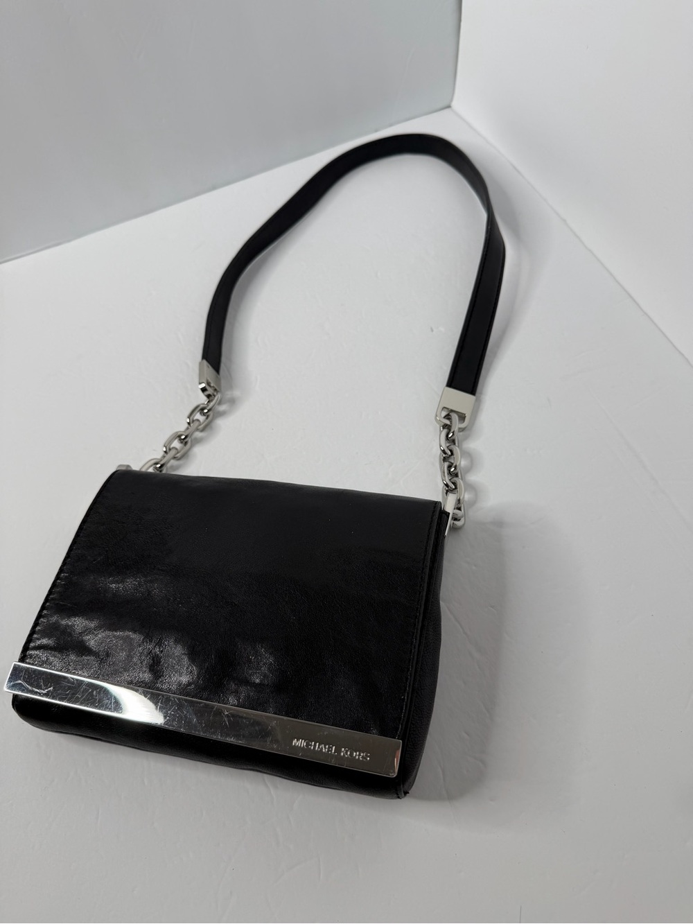 Michael Kors Black Leather Shoulder Bag Compact Small Handbag Silver Hardware